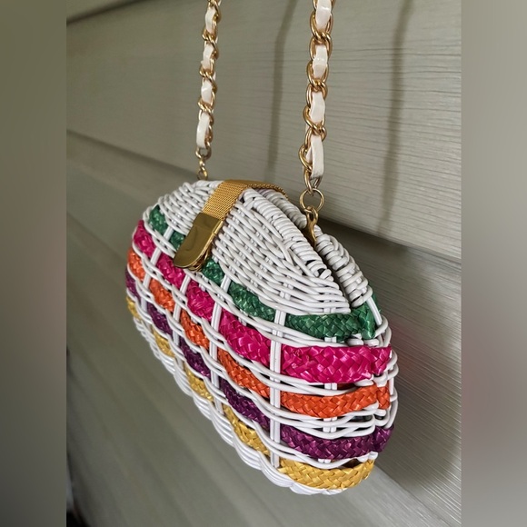 Vintage 70s purse picnic basket style plastic coated wicker shoulder bag EUC - Picture 10 of 15